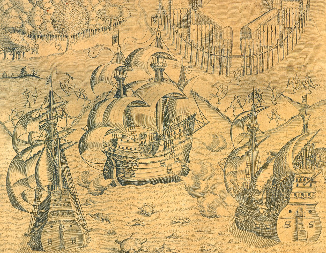 Starcie francuskich i portugalskich statków na Oceanie Atlantyckim o posiadanie Brazylii, ilustracja z historii Ameryki, Theodore de Bry autorstwa Theodore de Bry