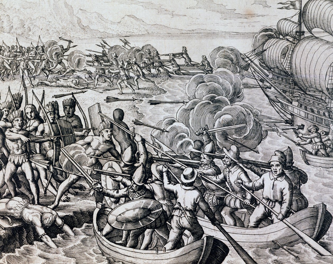 Starcie rdzennych Indian z wojskami hiszpańskimi, rycina z Historii Americae, Theodor de Bry (1528-1598), Frankfurt autorstwa Theodore de Bry