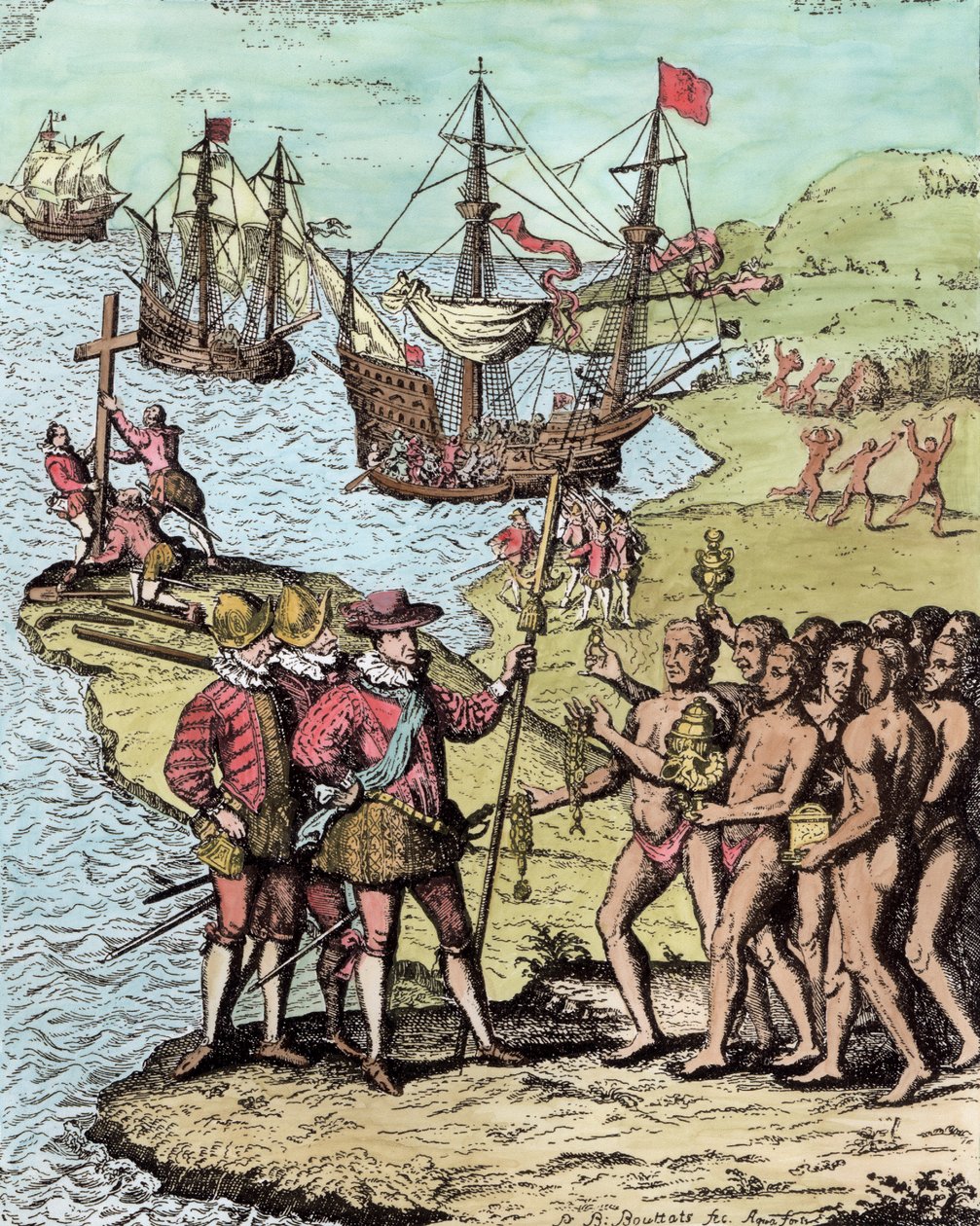 Columbus at Hispaniola, z „The Narrative and Critical History of America”, pod redakcją Justina Winsora, Londyn, 1886 (późniejsze zabarwienie) autorstwa Theodore de Bry