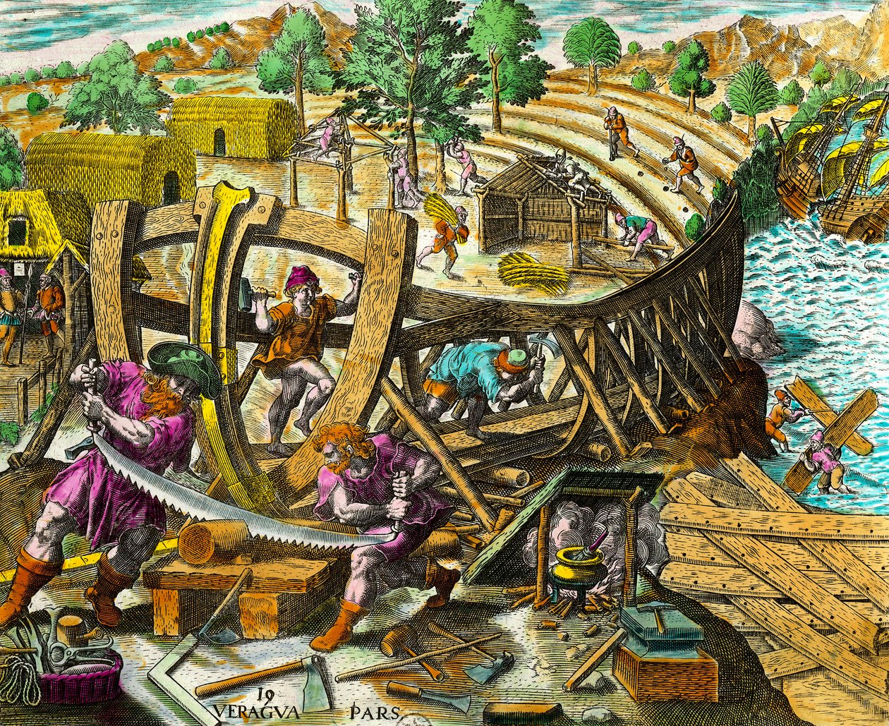 Budowa łodzi dla hiszpańskiego nawigatora Vasco Nuneza de Balboa (1475-1517) Rycina z „Historii Ameryk” Theodore de Bry (1528-1598) XVI wiek. Prywatna kolekcja autorstwa Theodore de Bry