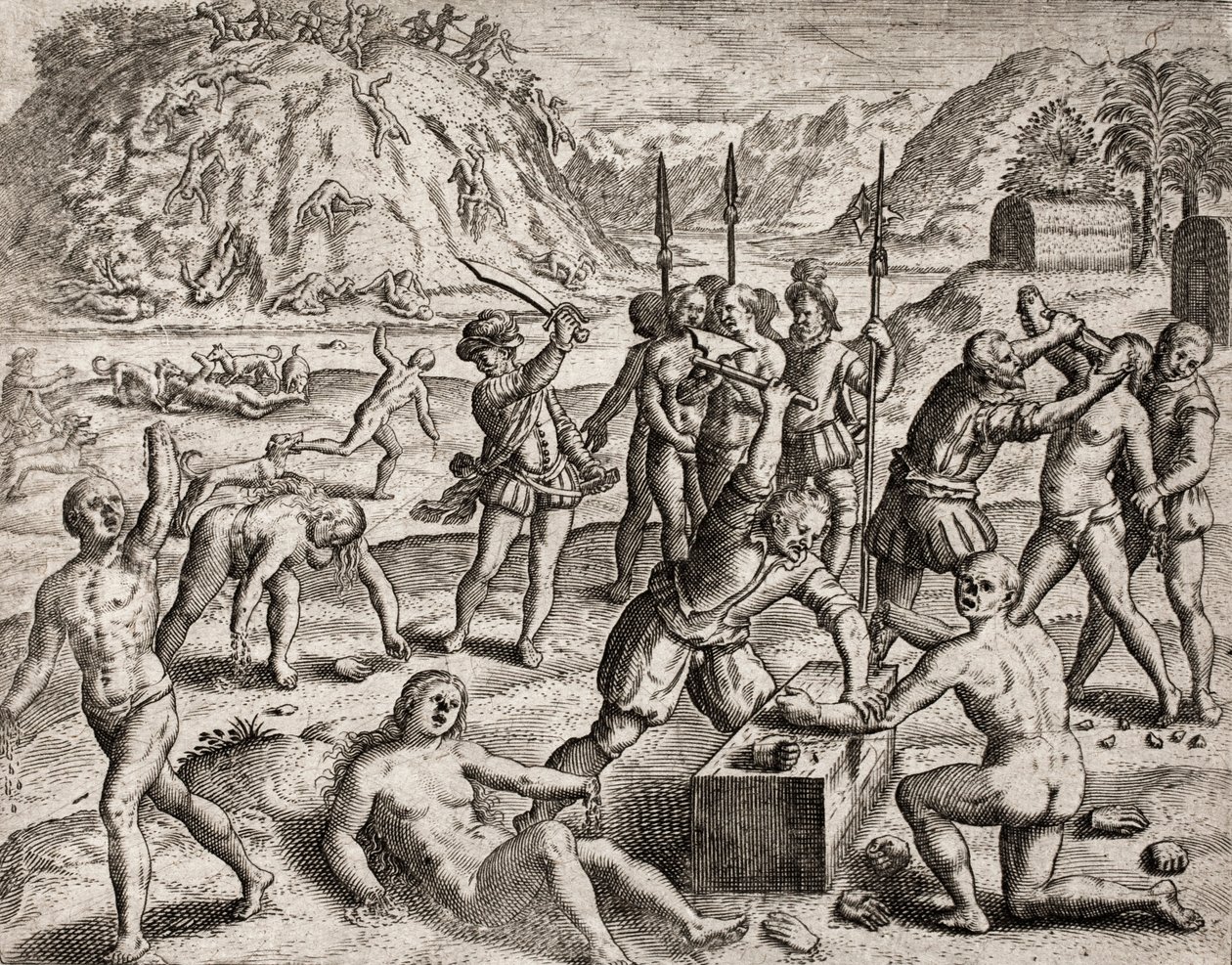Opis zbrodni dokonanych na Indianach przez hiszpańskich osadników - konkwistadorzy dokonujący masakry w indyjskiej wiosce. Amputacje des mains - Grawerowanie przez Theodore de Bry w „Narracji niektórych z najbardziej zgwałconych Indian przez Hiszpanów” Bar autorstwa Theodore de Bry
