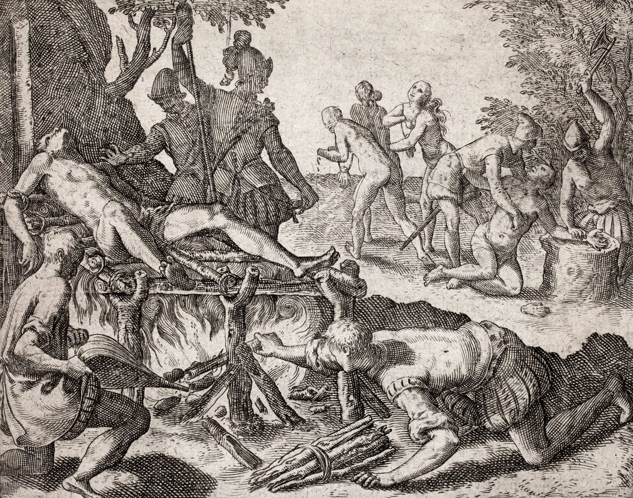 Opis zbrodni wyrządzonych Indianom przez hiszpańskich osadników - Miejsce torturowania Indian przez hiszpańskich konkwistadorów. Tortury na grillu, amputacja rąk - Rycina Theodore