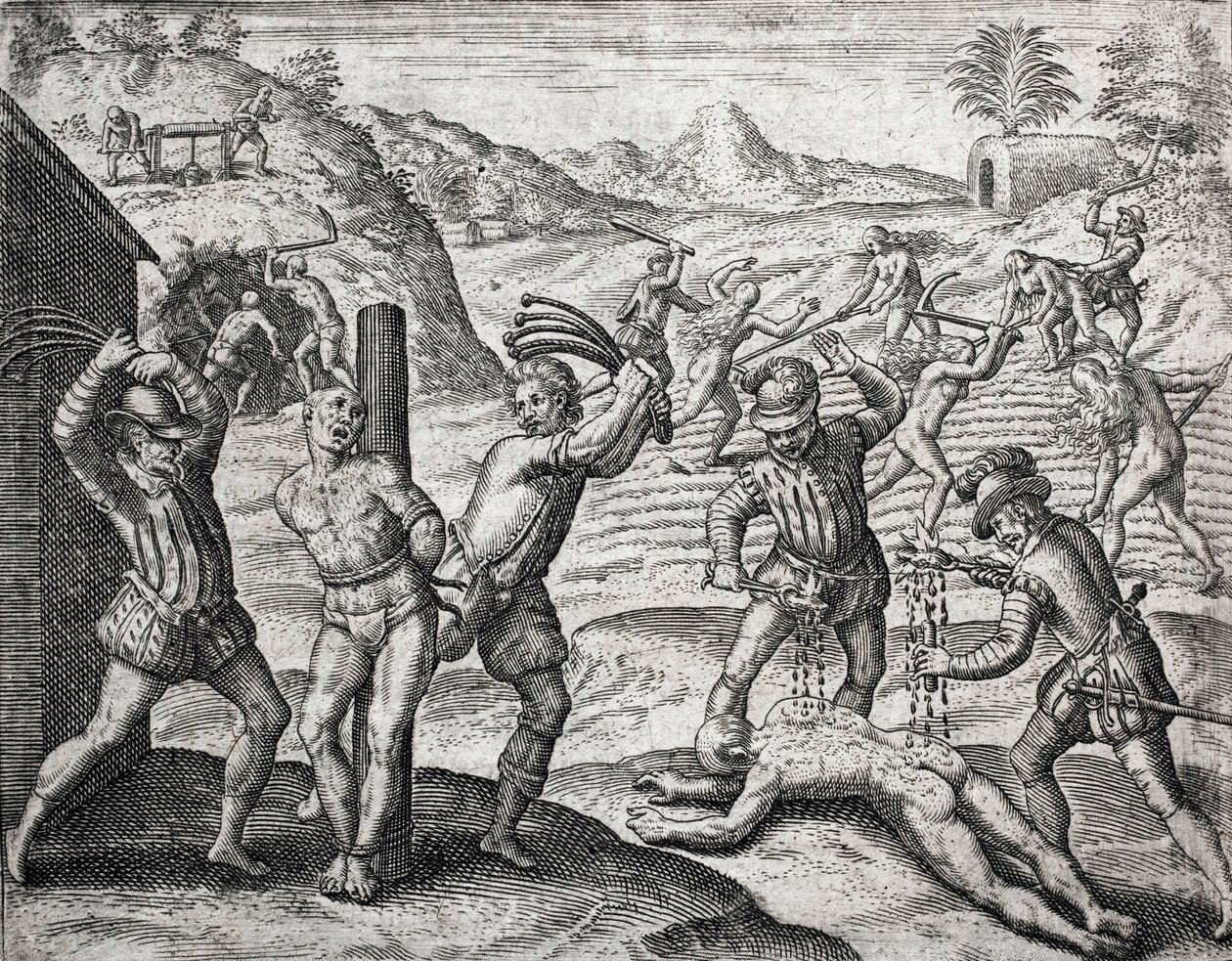 Opis zbrodni popełnionych na Indianach przez hiszpańskich osadników - Hiszpanie torturujący Indian - Grawerowanie Theodore de Bry w „Brevisima Relacion de la Destruction de las Indias” Bartolome de las Casas (1484-1566) autorstwa Theodore de Bry
