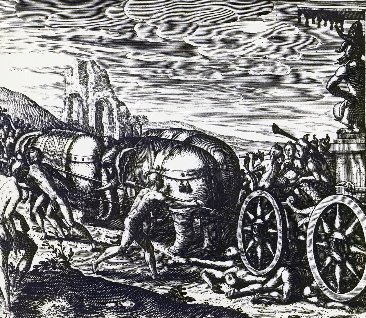 Wielbiciele miażdżeni przez rydwan podczas procesji bożka, Theodor de Bry (1528-1598), rycina autorstwa Theodore de Bry