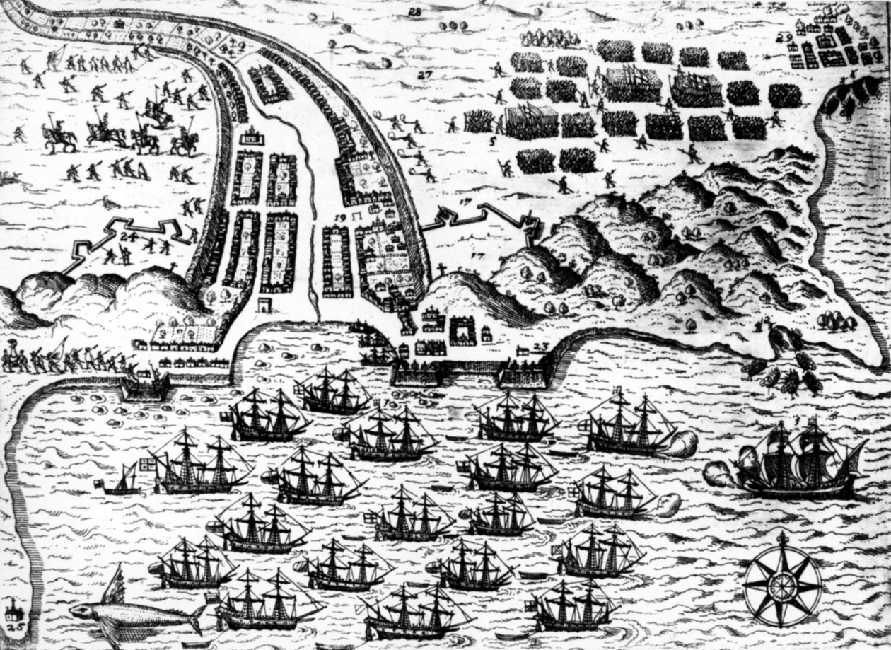 Drake zdobył łódź „Saint Giacomo” na wyspie Capo Verde w 1585 roku przez De Bry autorstwa Theodore de Bry