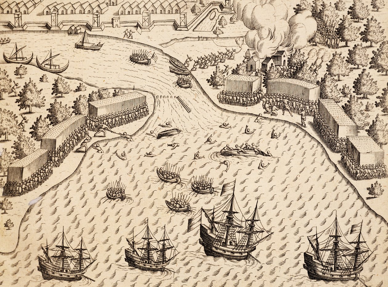 Holendrzy przybywający na wyspę Madura, Jawa, rycina z pracy India Orientalis, Theodor de Bry (1528-1598), Indonezja autorstwa Theodore de Bry