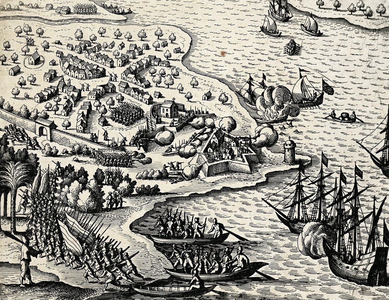 Holenderska wyprawa wzdłuż wybrzeża Mozambiku, rycina z Indii orientalis autorstwa Theodora de Bry (1528-1598) autorstwa Theodore de Bry