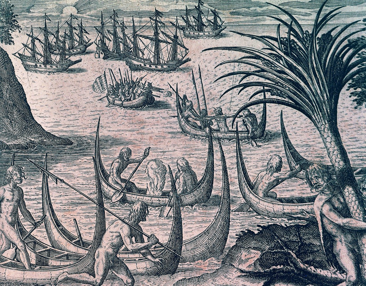 Holenderskie statki w Cieśninie Magellana, grawerowanie z historii Ameryki przez Theodore de Bry (1528-1598), Frankfurt autorstwa Theodore de Bry