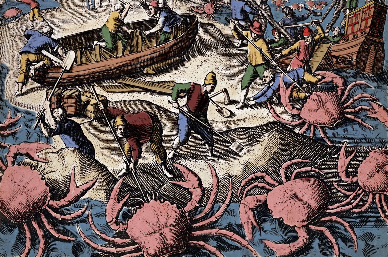 Europejscy nawigatorzy walczący z wielkim krabem. Grawer z „Petities voyages aux Indes Orientales” Teodora de Bry autorstwa Theodore de Bry