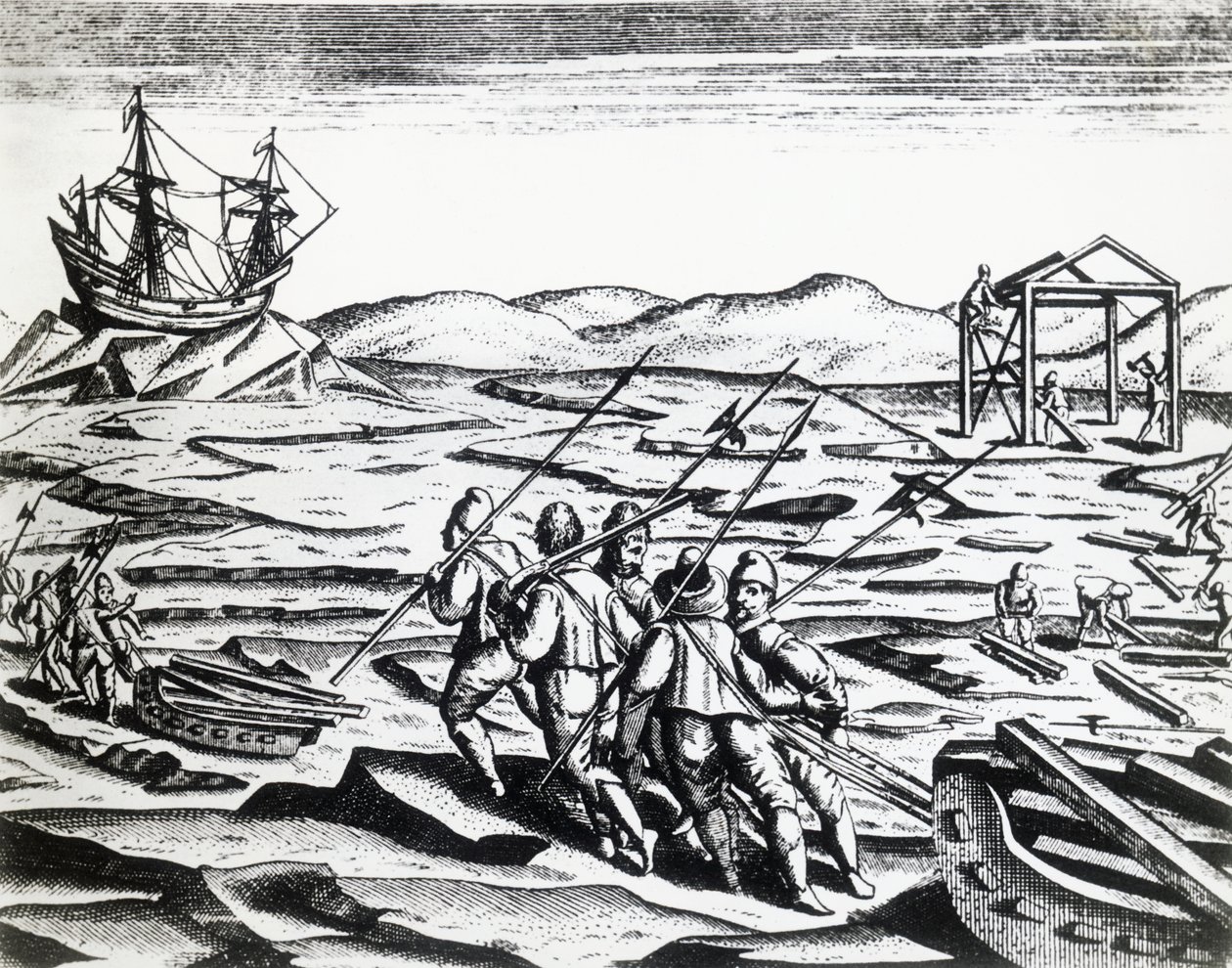 Wyprawa kierowana przez Williama Barentsa (ok. 1550-1597) w poszukiwaniu Przejścia Północno-Wschodniego z Peregrinationes, Theodor de Bry (1528-1598), rycina autorstwa Theodore de Bry