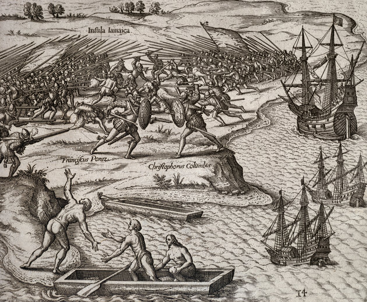 Walka Krzysztofa Kolumba z Francesco Poresio na Jamajce, rycina Theodor de Bry (1528-1598) autorstwa Theodore de Bry