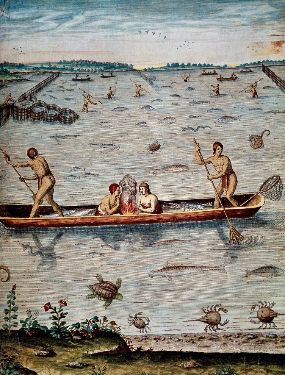 Techniki połowu tubylców w Wirginii, grawerowanie Theodora de Bry (1528-1598) z Admiranda zaufania narracyjnego tamen, commodis et de incolarvm ritibvs Virginae autorstwa Theodore de Bry