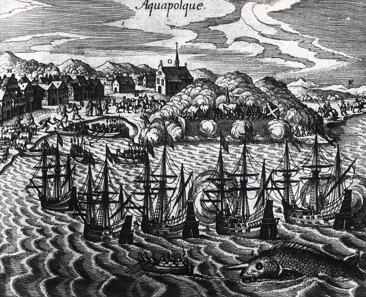 Flota galeonów w porcie Acapulco, autor Theodor de Bry (1528-1598), rycina autorstwa Theodore de Bry