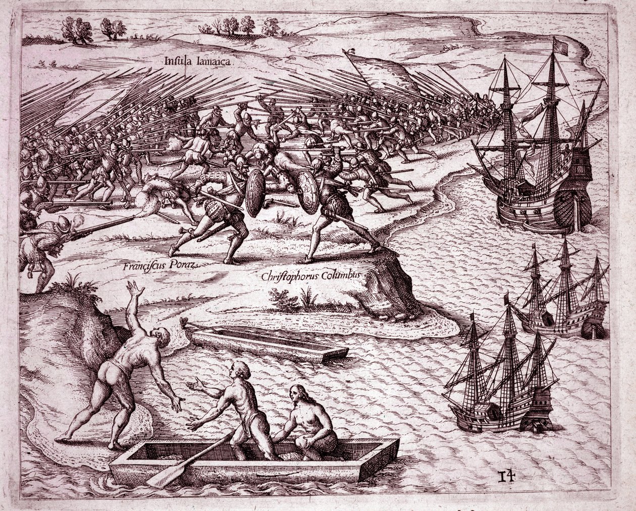 Czwarta wyprawa Krzysztofa Kolumba na wyspę Jamajka w 1503 (Grawerowanie autorstwa Theodore de Bry