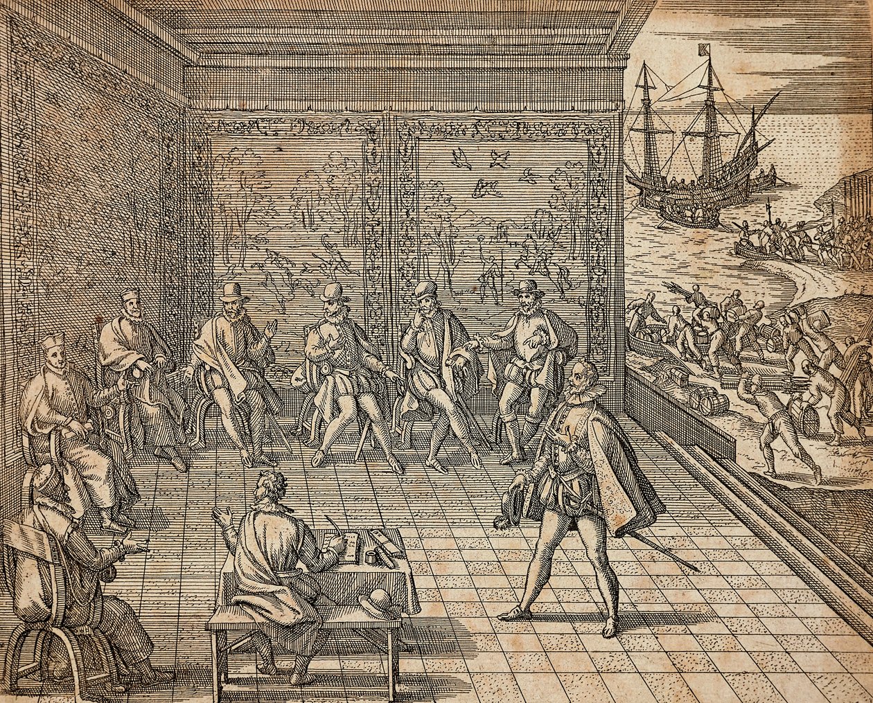Francisco Pizarro przygotowuje się do wyprawy do Ameryki Południowej — Theodor de Bry autorstwa Theodore de Bry