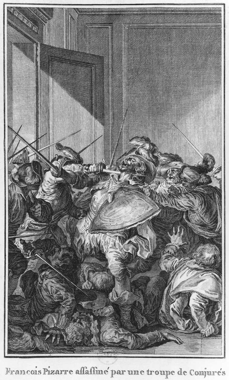 Francisco Pizarro zamordowany przez armię konspiratorów, 1541 autorstwa Theodore de Bry