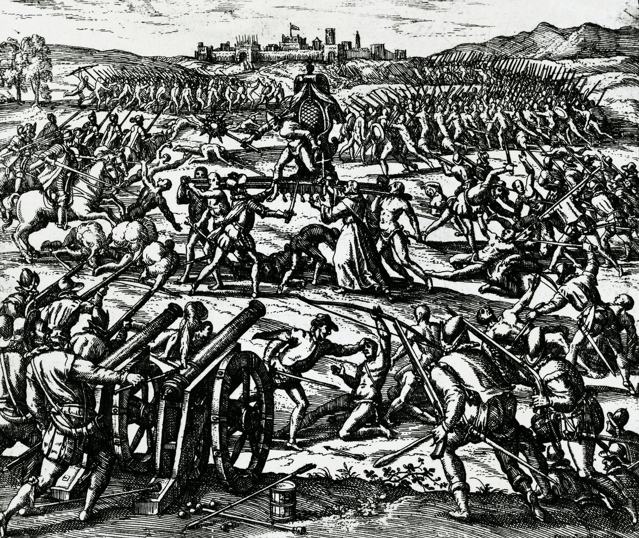 Wojska Francisco Pizarro (ok. 1475-1541) zdobywają cesarza Inków Atahualpę podczas bitwy pod Cajamarca, 16 listopada autorstwa Theodore de Bry