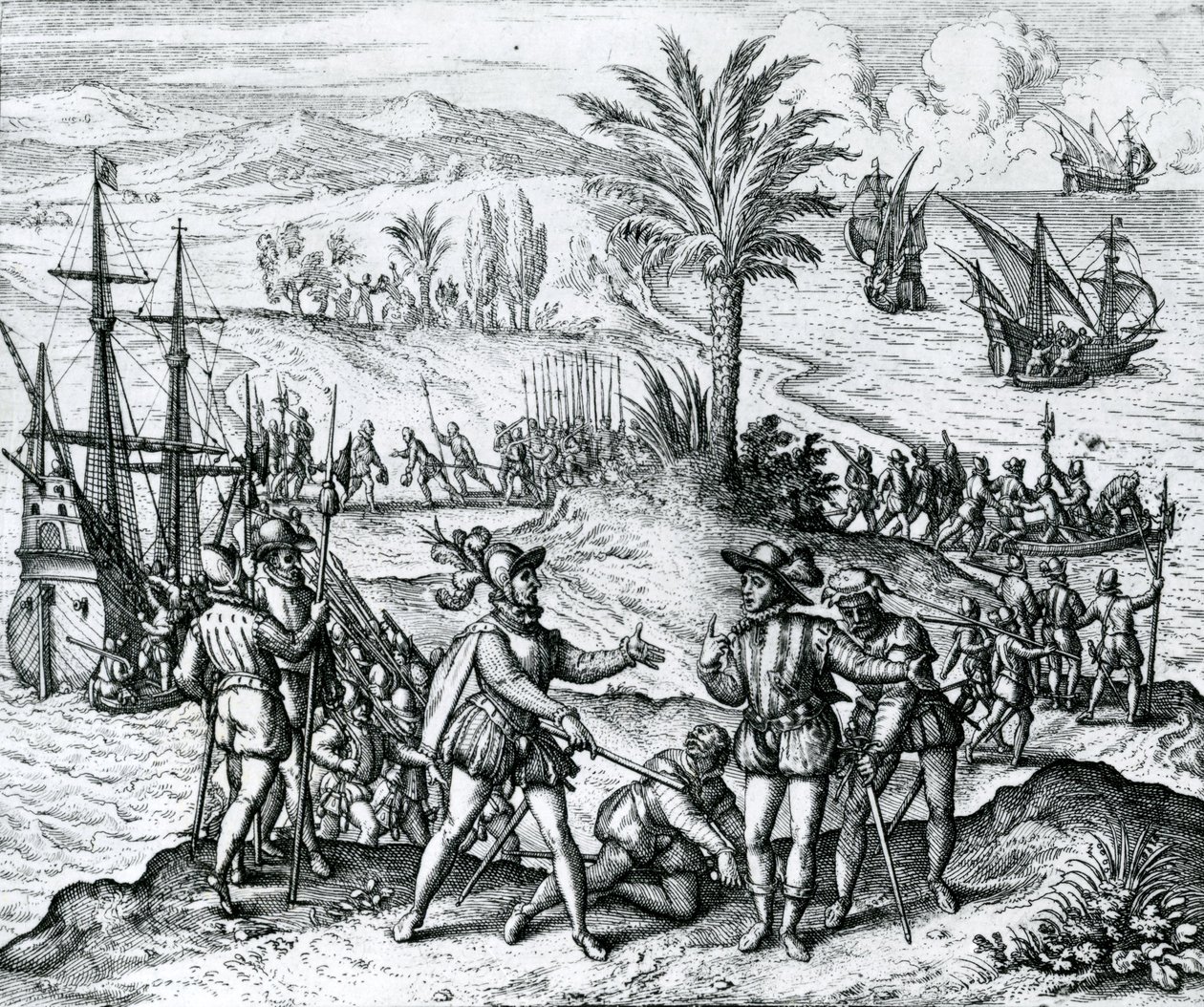 Francisco de Bobadilla przybywa jako gubernator i aresztuje Krzysztofa Kolumba (1451-1506) w Hispanioli, 1500, 1590 autorstwa Theodore de Bry