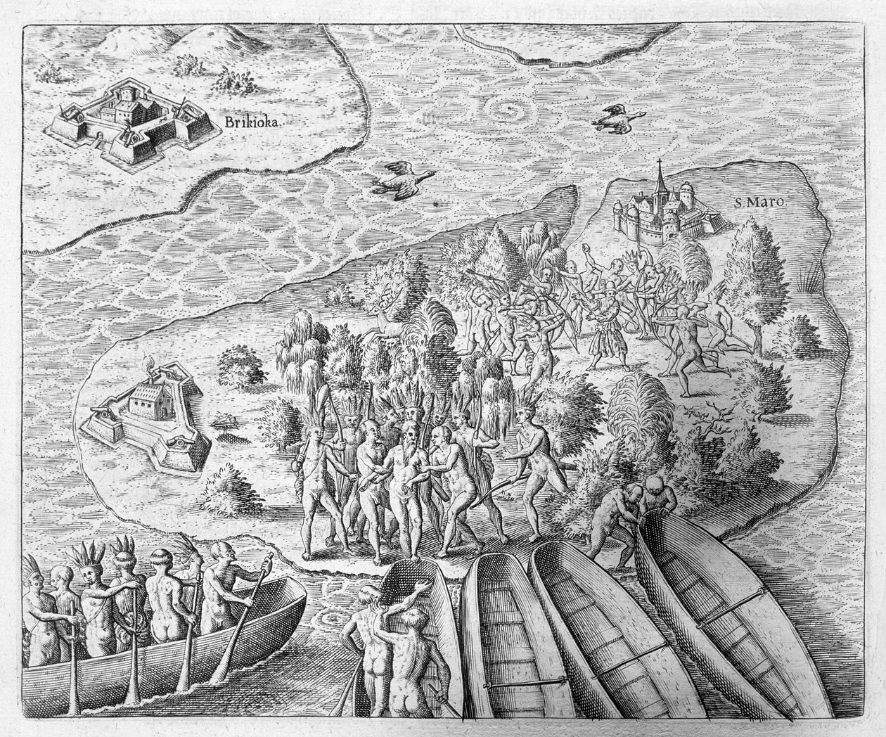Hans Staden schwytany przez Indian Tupinamba podczas podróży do Brazylii, 1552, z „Newe Welt und Americanische Historien” Johanna Ludwiga Gottfrieda, wydanej przez Mattaeusa Meriana, Frankfurt, 1631 (eng. autorstwa Theodore de Bry