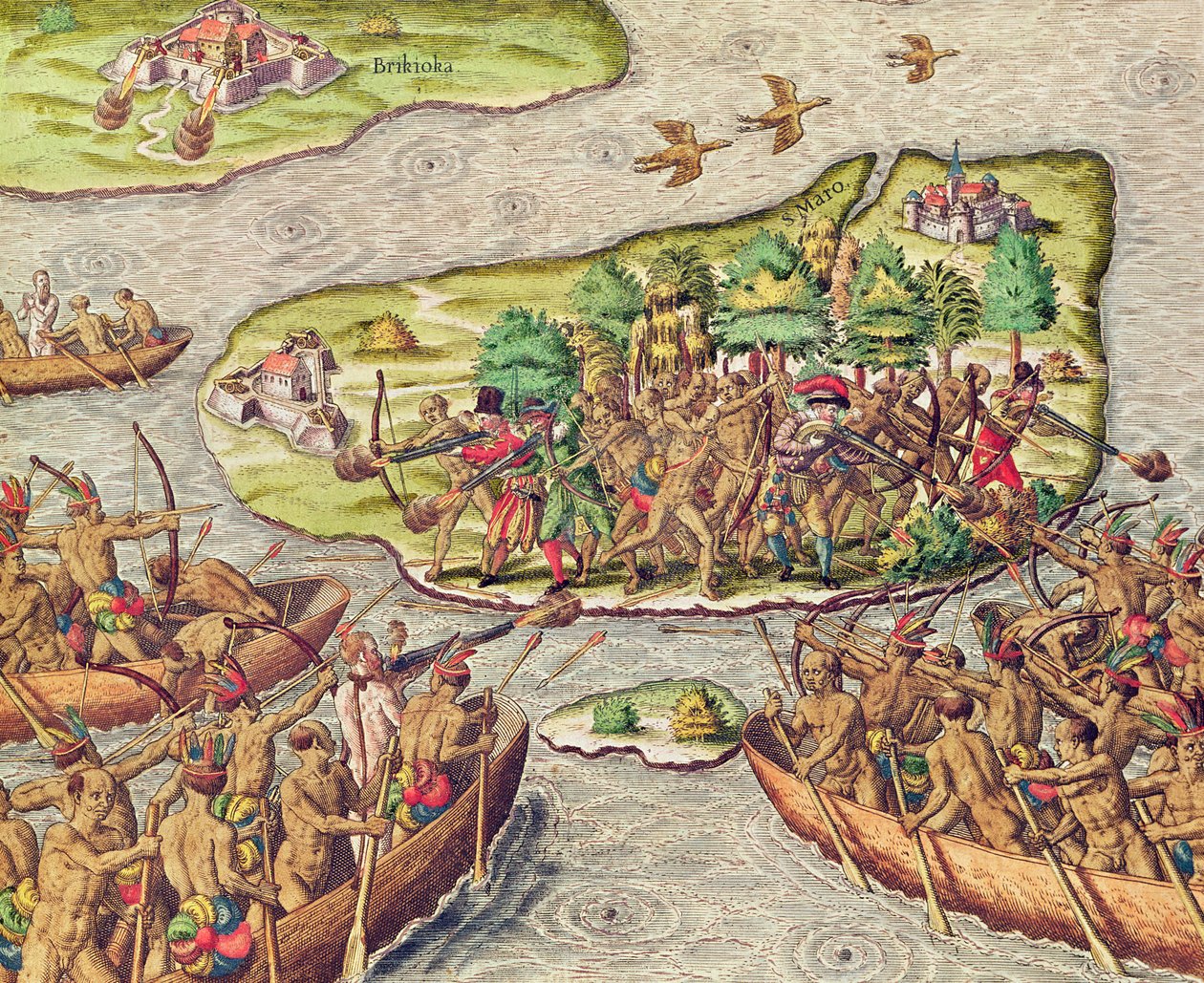 Hans Staden zostaje schwytany przez rdzennych Amerykanów w Brazylii autorstwa Theodore de Bry