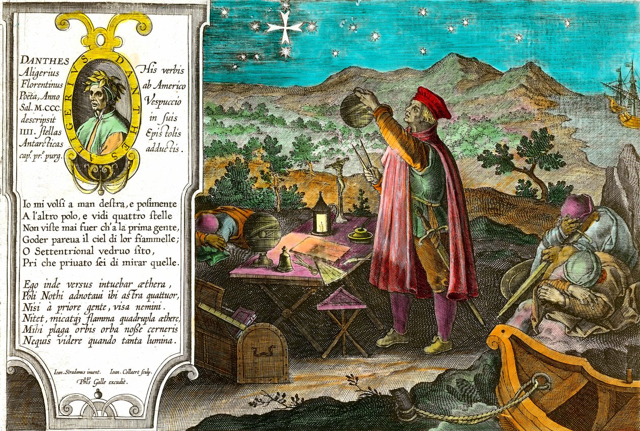 Historia Ameryki: Amerigo Vespucci (Americus Vespucius) (1451/1454-1512), włoski kupiec i nawigator używa swojego astrolabium do pomiaru Krzyża Południa. Lewy portret włoskiego poety Dantego Alighieri (1265-1321) oraz fragment I pieśni autorstwa Theodore de Bry