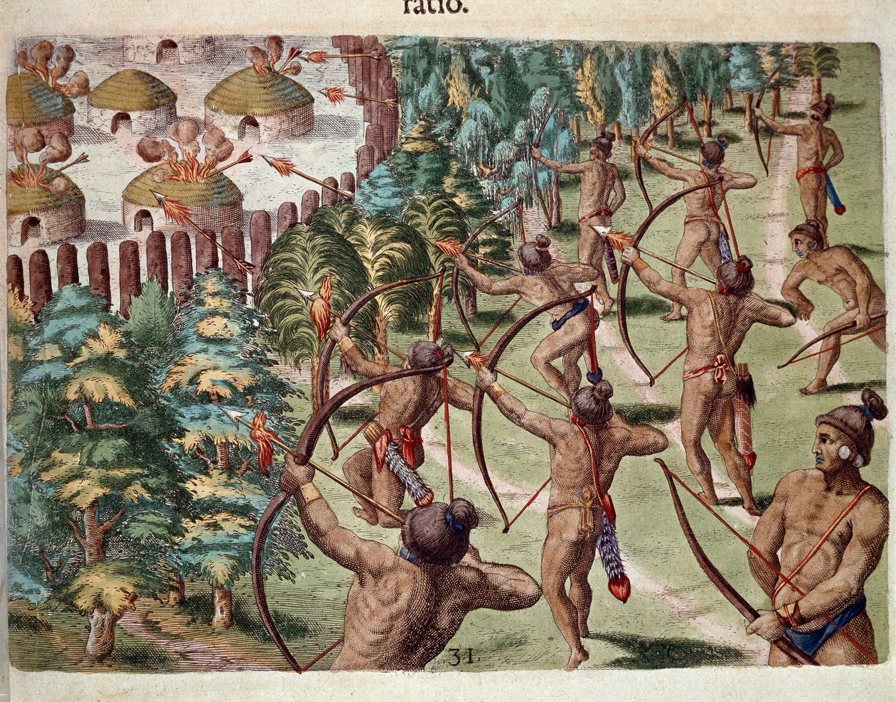 Historia Ameryki: „”Plemię indiańskie atakuje nocą wioskę na Florydzie””Grawerunek z „”Admirante Narratio Americae””Theodore de Bry (1528-1598) autorstwa Theodore de Bry