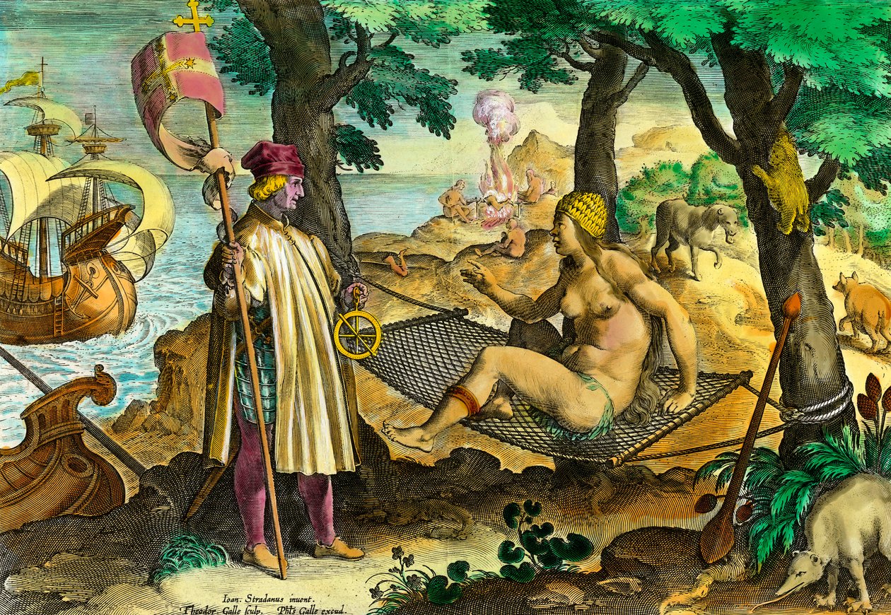 Historia Ameryki: Pierwszy kontakt włoskiego nawigatora Amerigo Vespucci z Indianami Ameryki autorstwa Theodore de Bry