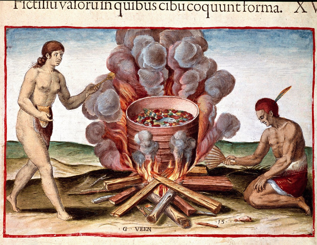Historia Ameryki: Grawer „Indian Cooking Fish” z „The Admirable Narrative of America” Theodore de Bry (1528-1598) autorstwa Theodore de Bry