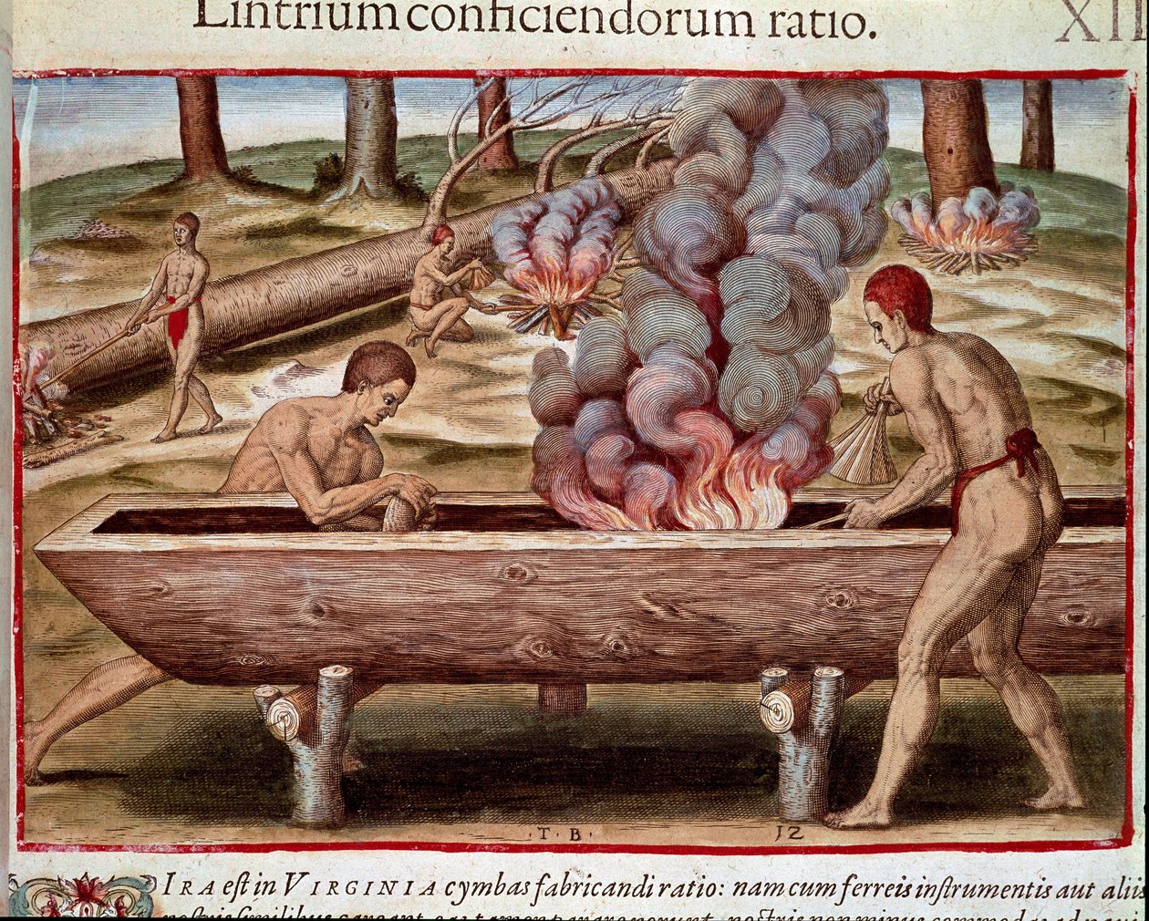 Historia Ameryki: „Indianie budują łodzie”” Grawerowanie z „Admirante Narratio Americae” autorstwa Theodore de Bry (1528-1598) autorstwa Theodore de Bry