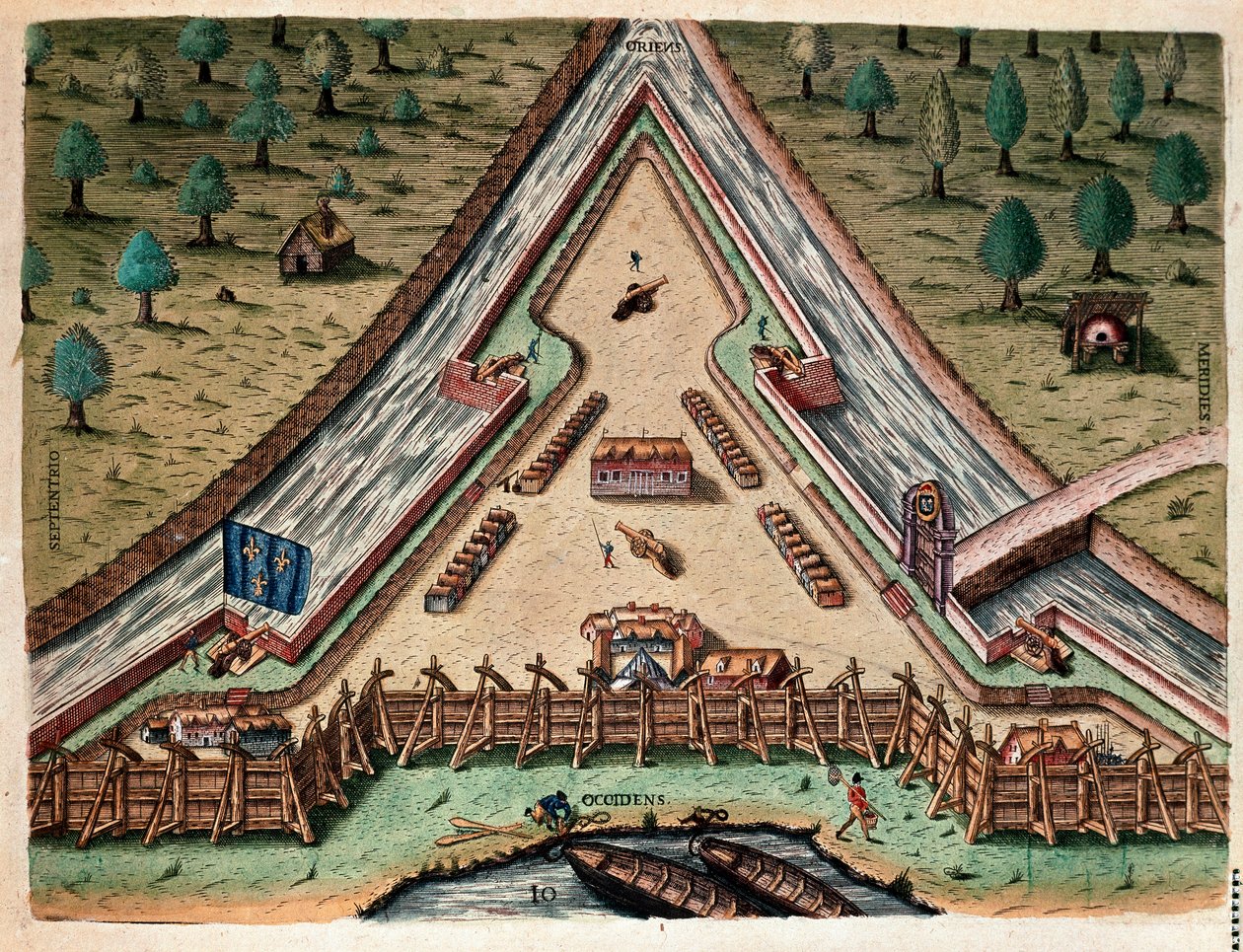 Historia Ameryki: „Życie Fort Carolina, Bastion of Carolina” „Grawerunek z „Admirante Narratio Americae” Theodore de Bry (1528-1598) według rysunku Jacques le Moyne (de Morgues) (1533-1588) autorstwa Theodore de Bry