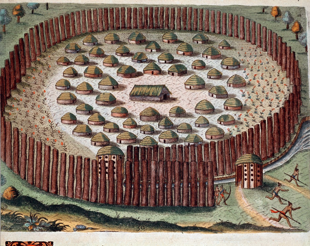 Historia Ameryki: „”Reprezentacja indiańskiej wioski ufortyfikowanej na Florydzie””Rycina z „”Admirante Narratio Americae””Theodore de Bry (1528-1598) autorstwa Theodore de Bry