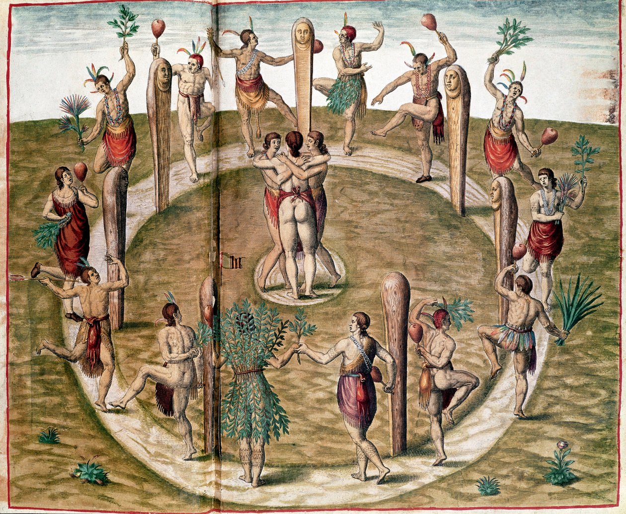 Historia Ameryki: „”Rytualny taniec z okazji przyjaźni”” Grawer Theodore de Bry (1528-1598). XVI-wieczne Vincennes, Muzeum Historyczne Marynarki Wojennej autorstwa Theodore de Bry