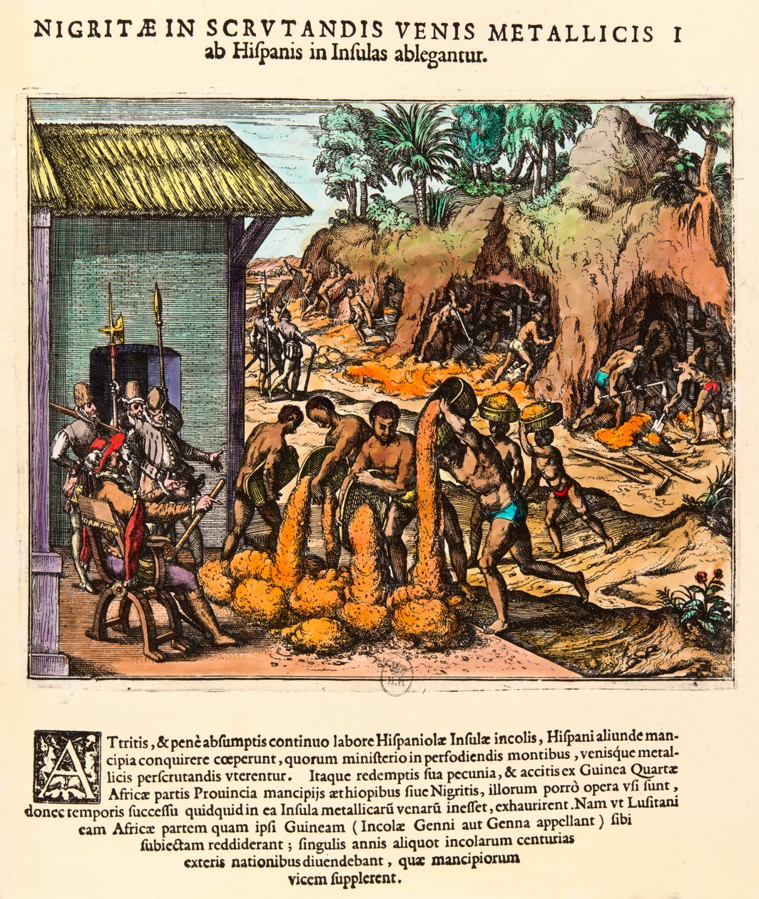 Historia Ameryki: Hiszpanie eksploatują kopalnie złota. Indianie pracują na oczach osadników. Grawerowanie przez Theodore de Bry (1528-1598). Prywatna kolekcja z XVI wieku autorstwa Theodore de Bry