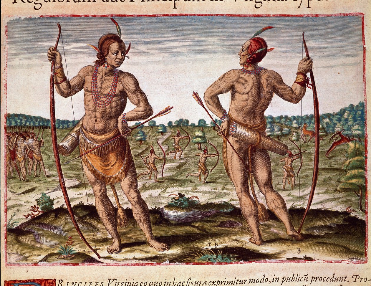 Historia Ameryki: „Dwóch mieszkańców Wirginii, indyjska broń ze strzał i łuków” Grawerowanie z „Admirante Narratio Americae” autorstwa Theodore de Bry (1528-1598) autorstwa Theodore de Bry