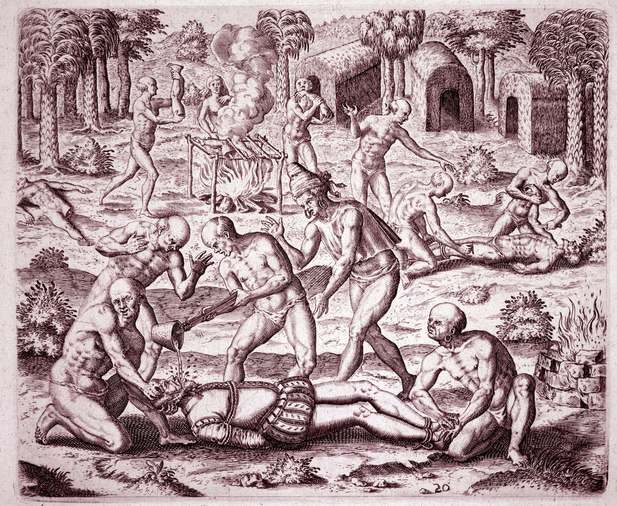 Historia Ameryki: opis tortur wyrządzanych przez Indian hiszpańskim osadnikom, wlewanie złota do ust i krojenie ich członków w celu ich zjedzenia (Grawerowanie autorstwa Theodore de Bry