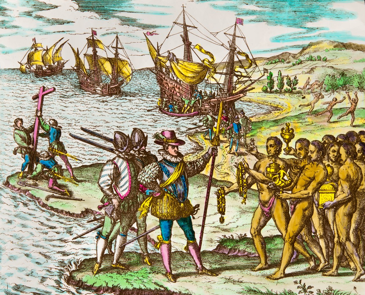 Historia Ameryki: odkrywca Krzysztof Kolumb (1451-1506) witany przez Indian po przybyciu do Nowego Świata”” Rycina Theodore De Bry (1528-1598) Rycina z XVI wieku autorstwa Theodore de Bry