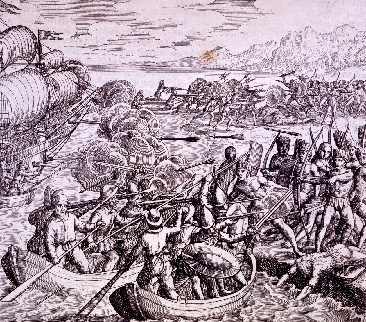 Jak Hiszpanie wylądowali na wyspie Haiti z 400 mężczyznami, którzy wdali się w wielką bitwę z tubylcami, ilustracja z „Podróży Vespucciego do Indii Zachodnich” autorstwa Theodore de Bry