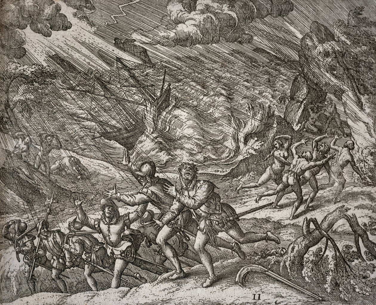 Huragan zatapiający Santa Maria, karawelę Krzysztofa Kolumba autorstwa Theodore de Bry