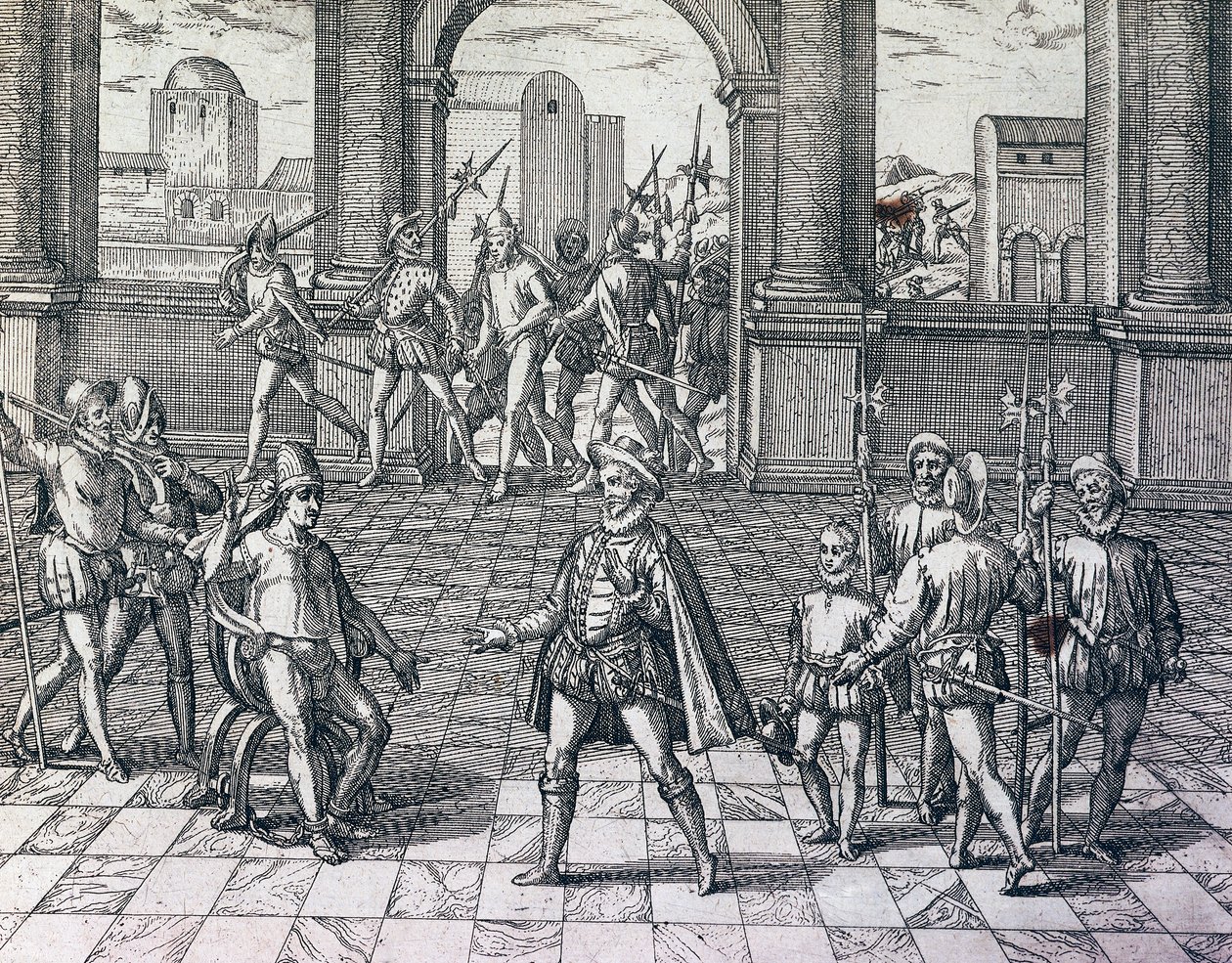 Cesarz Inków Atahualpa wzięty do niewoli przez Hiszpanów w Cajamarca, Peru, grawerowanie z historii Ameryki przez Theodore de Bry (1528-1598), Frankfurt autorstwa Theodore de Bry