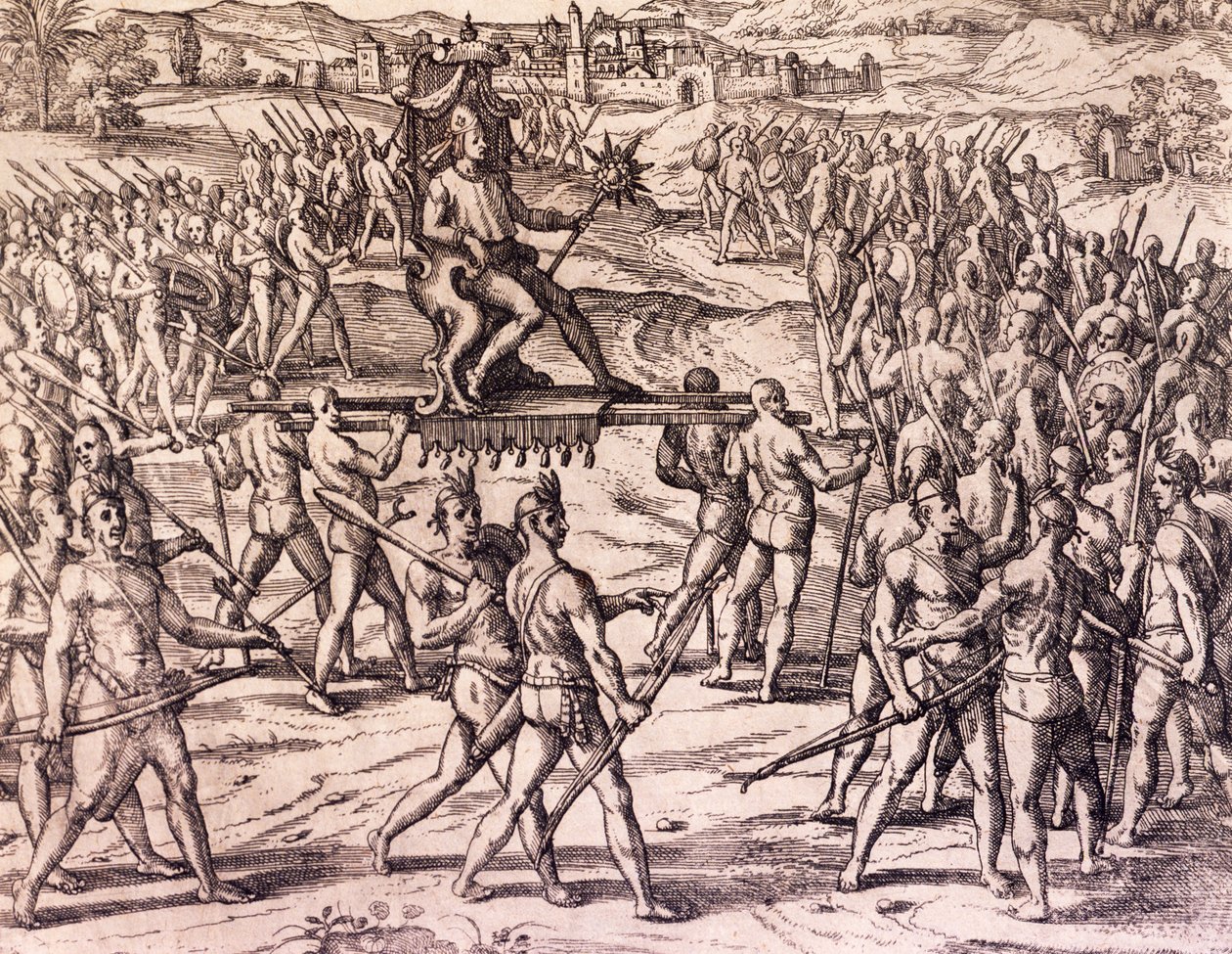 Cesarz Inków Atahualpa pokonany przez wojska hiszpańskie Francisco Pizarro (1475-ca 1541), Peru, grawerowanie z historii Ameryki przez Theodore de Bry (1528-1598), Frankfurt autorstwa Theodore de Bry