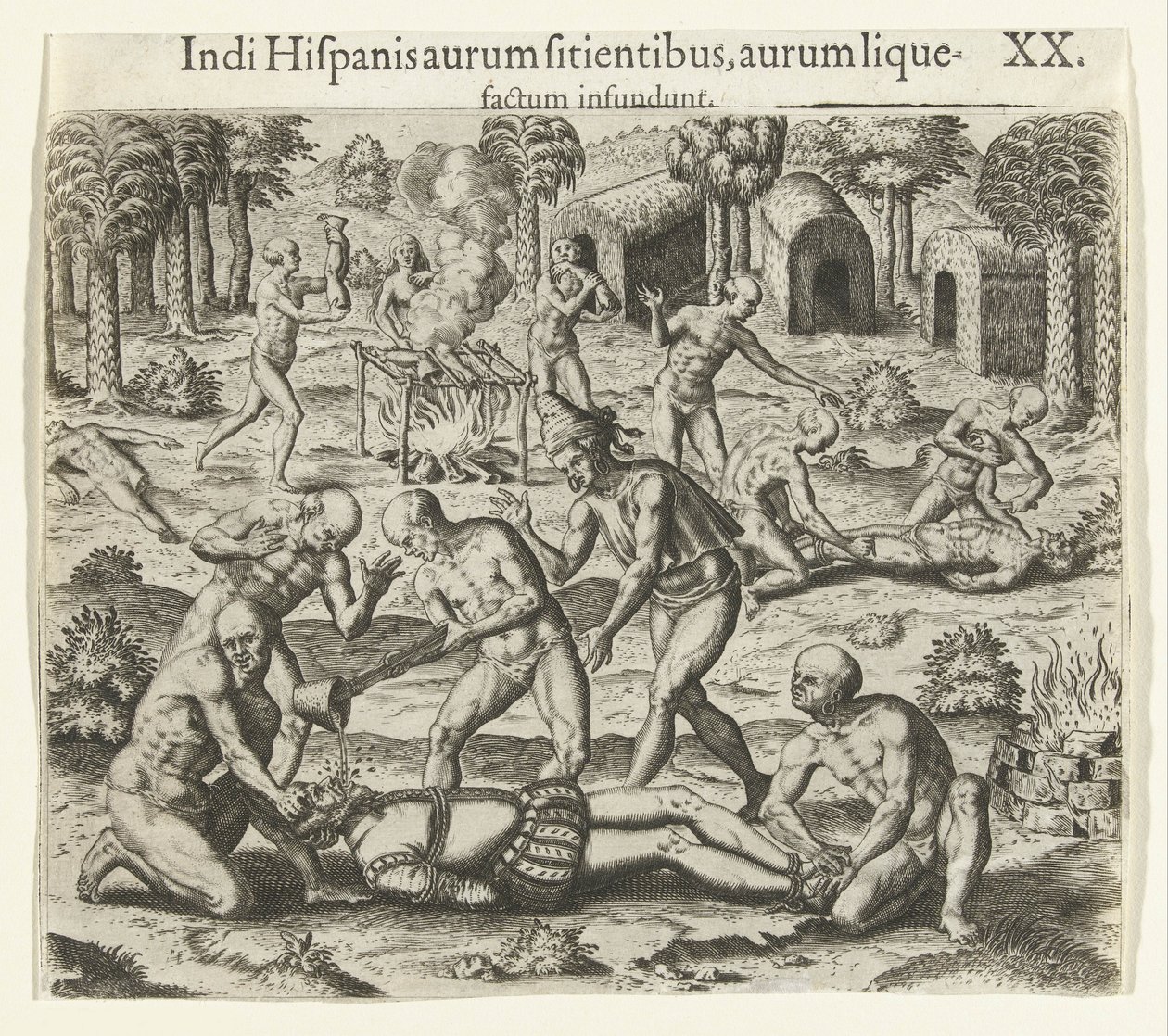 Indianie wlewają płynne złoto w usta Hiszpana, 1594. autorstwa Theodore de Bry