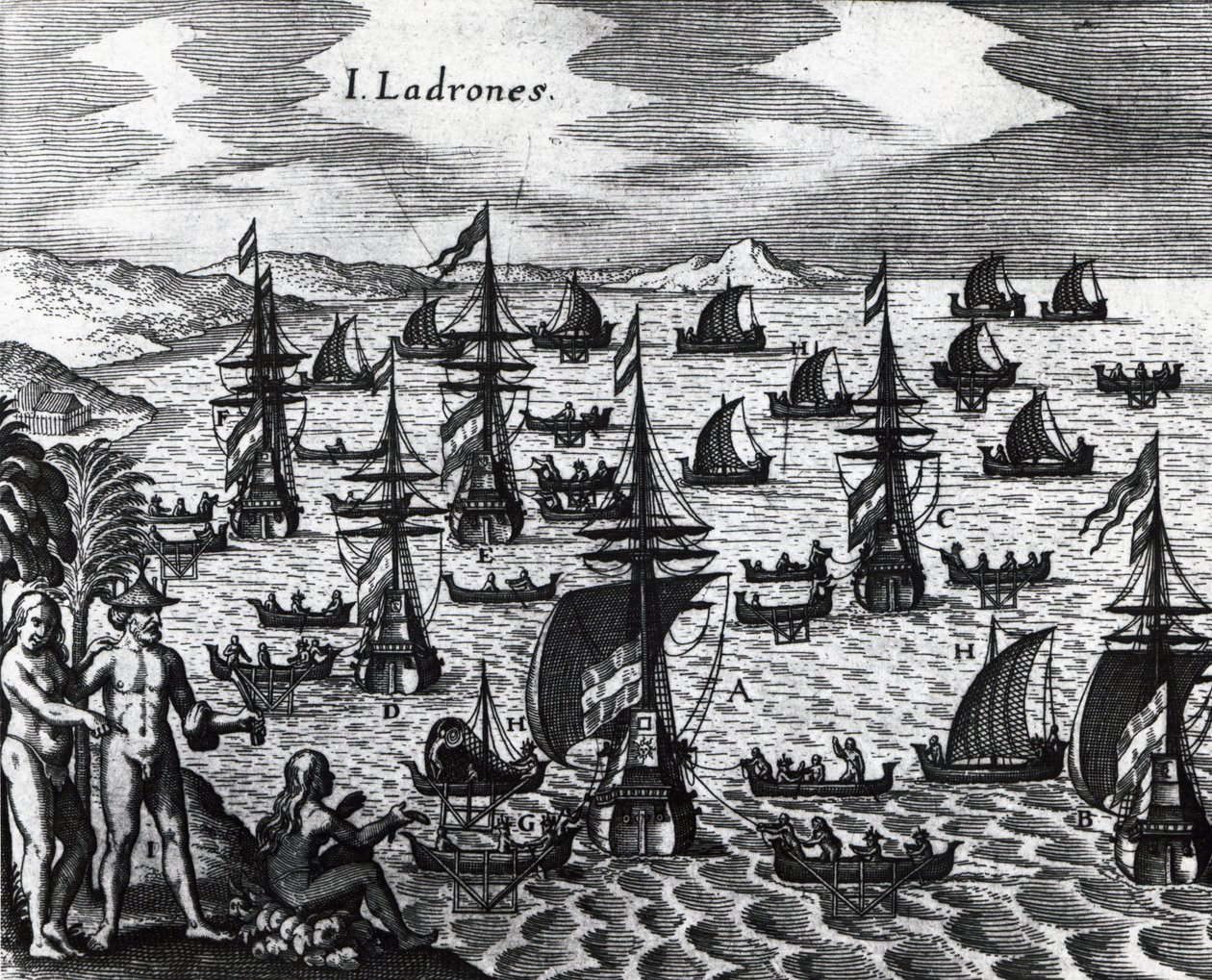 Wyspy złodziei (Islas de los Ladrones, dziś Mariany), grawerowanie z Peregrinationes, autorstwa Theodora de Bry (1528-1598). 16 wiek autorstwa Theodore de Bry