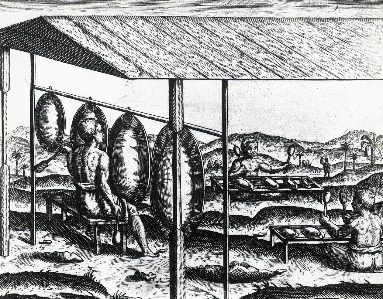 Jawajskie instrumenty muzyczne, Theodor de Bry (1528-1598), grawerowanie autorstwa Theodore de Bry
