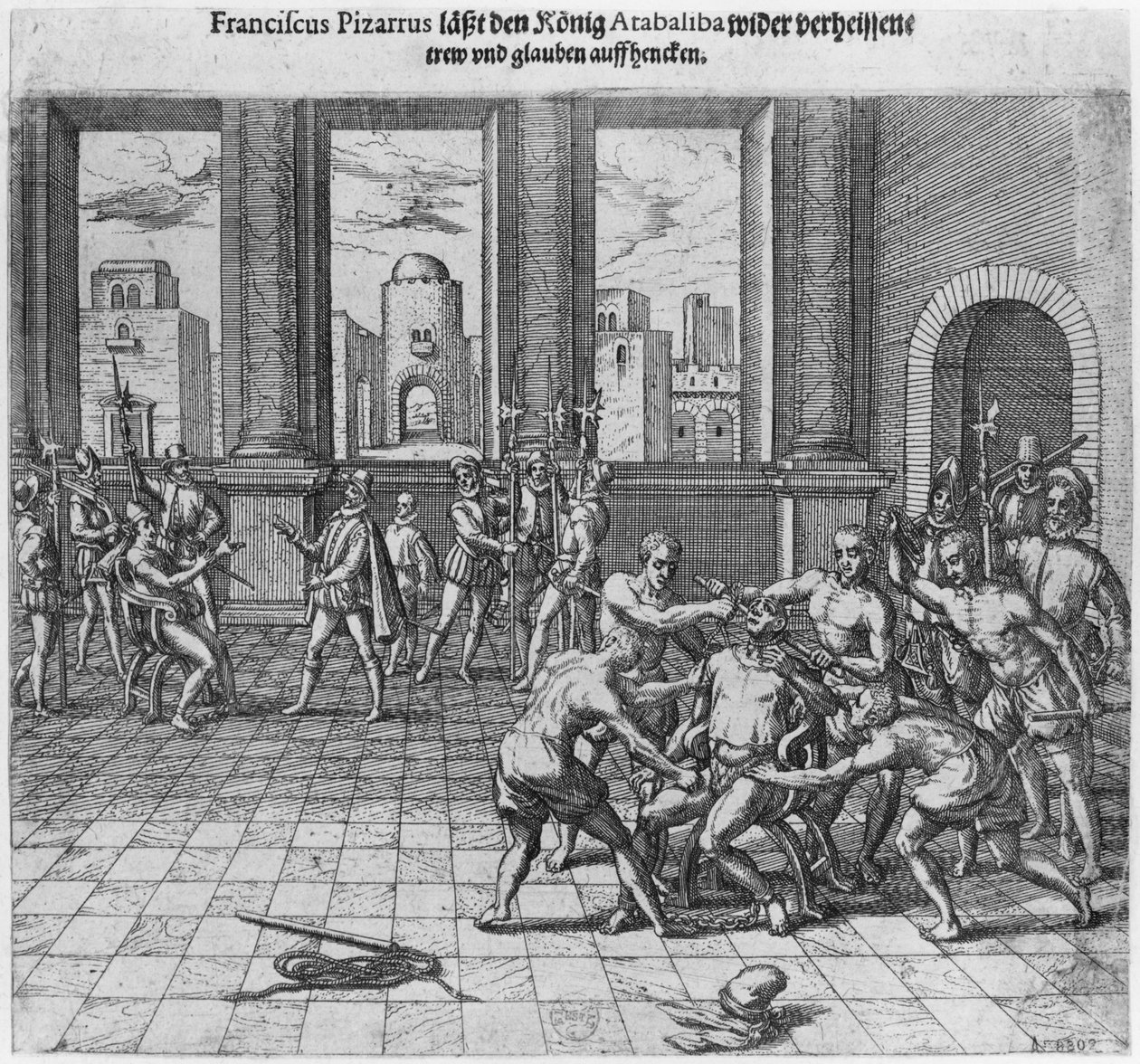 Król Atahualpa (ok.1502-33) stracony w Cajamarca na rozkaz Francisco Pizarro, 1533 autorstwa Theodore de Bry