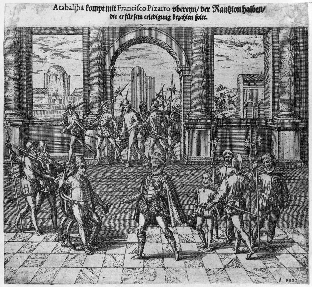 Król Atahualpa (ok. 1502-33) załatwiający okup z Francisco Pizarro, 1533 (rycina) (zdjęcie bw) autorstwa Theodore de Bry
