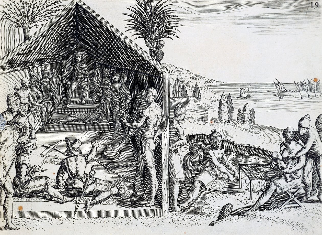 Król przyjmujący gości z Europy, Cape Lopez, Gabon, rycina z Indii orientalis autorstwa Theodora de Bry (1528-1598), Afryka autorstwa Theodore de Bry