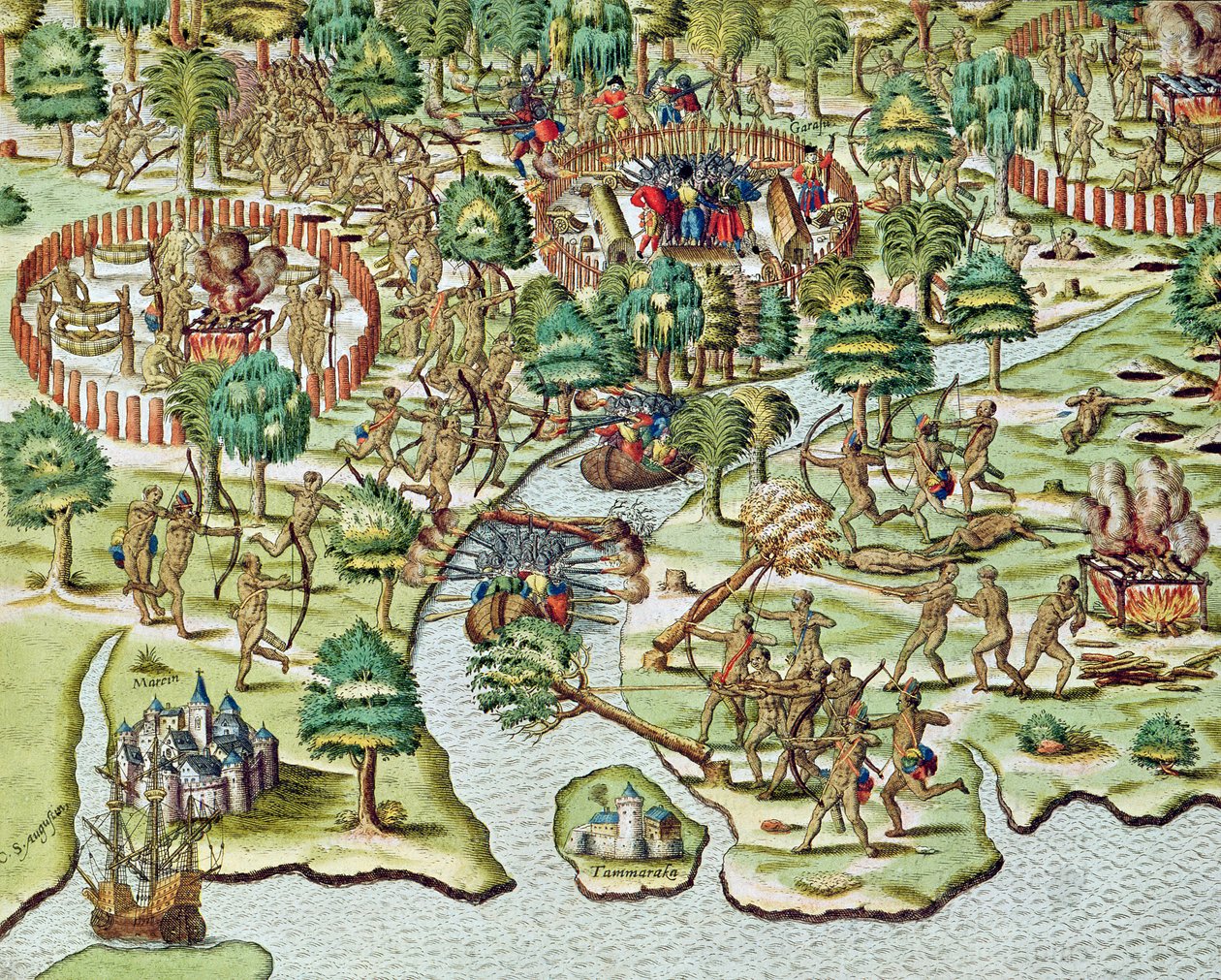 Metody oblężenia i ataku, z „Americae Tertia Pars...”, 1592 autorstwa Theodore de Bry