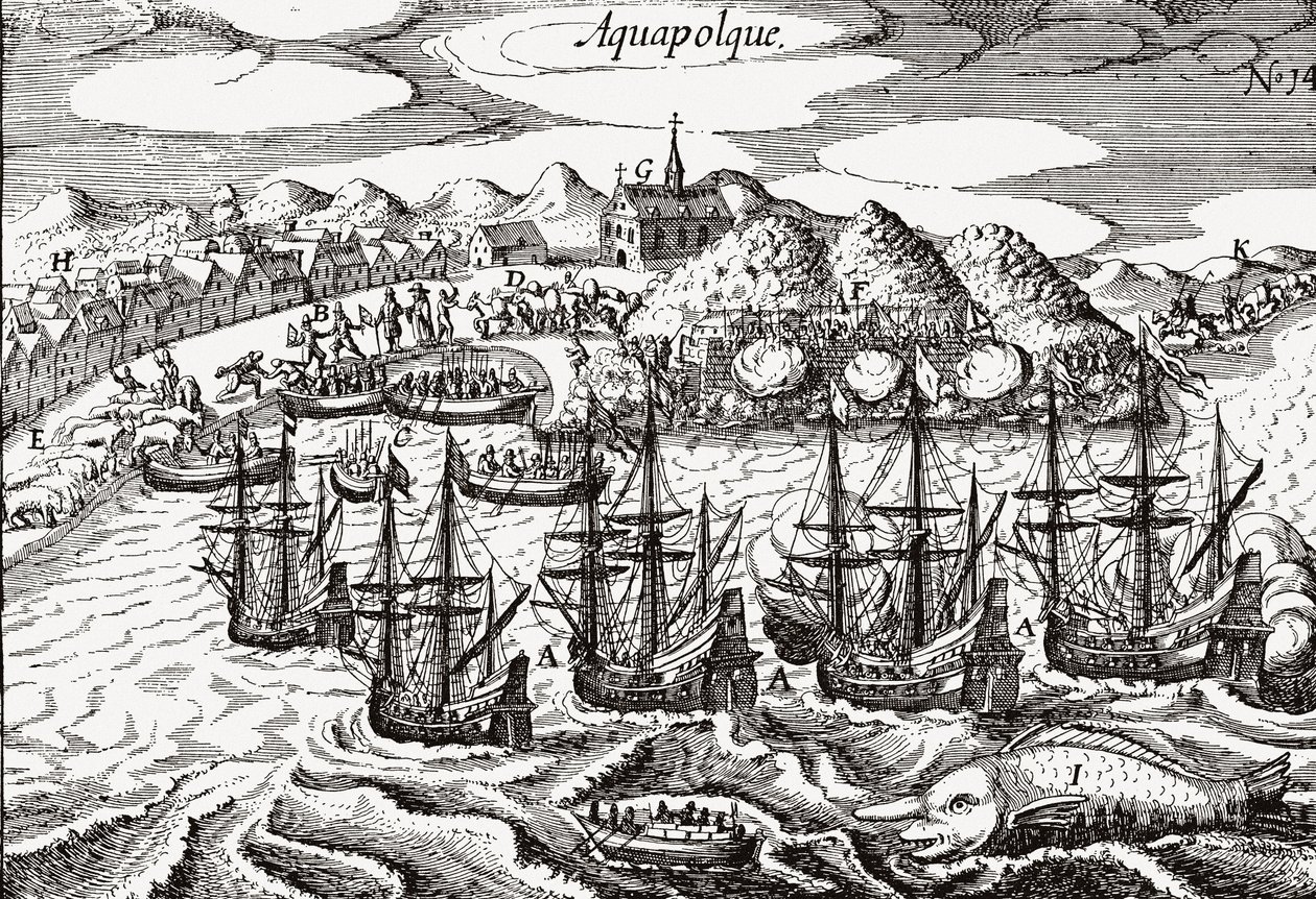 Meksyk, Widok Acapulco - Meksyk (Aquapolque), Theodore de Bry, ca. 1630. Wczesny widok kolonialnej osady w Acapulco, którą Hiszpanie wykorzystywali jako główny port dla handlu na Pacyfiku z Filipinami. Port jest wypełniony galeonami i lar autorstwa Theodore de Bry
