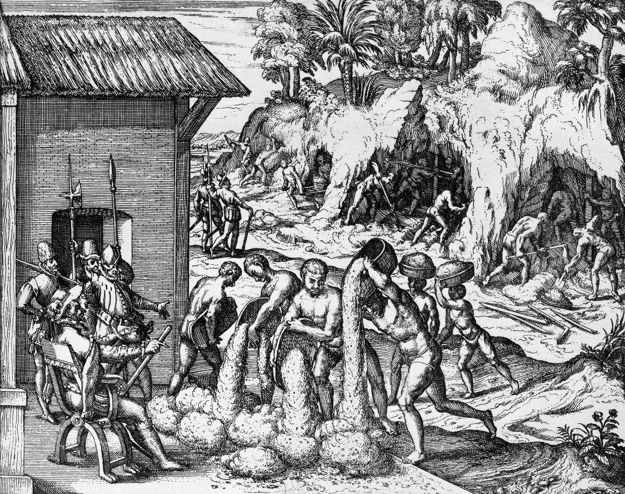 Wydobycie minerałów w Ameryce Środkowej i Południowej, rycina z Americae pars V, Theodor de Bry (1561-1623) autorstwa Theodore de Bry