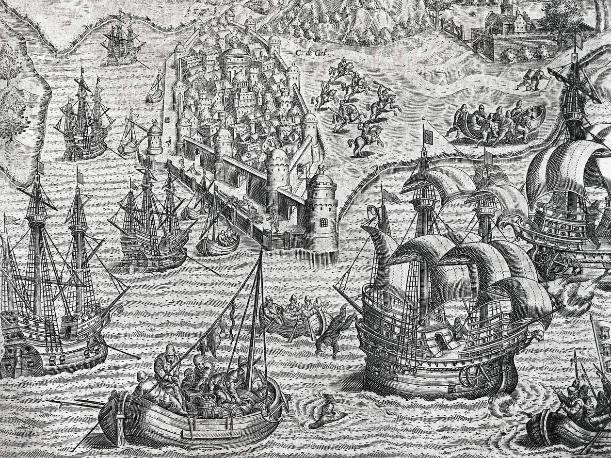 Bitwa morska, grawerowanie z historii Ameryki przez Theodore de Bry (1528-1598), Frankfurt autorstwa Theodore de Bry